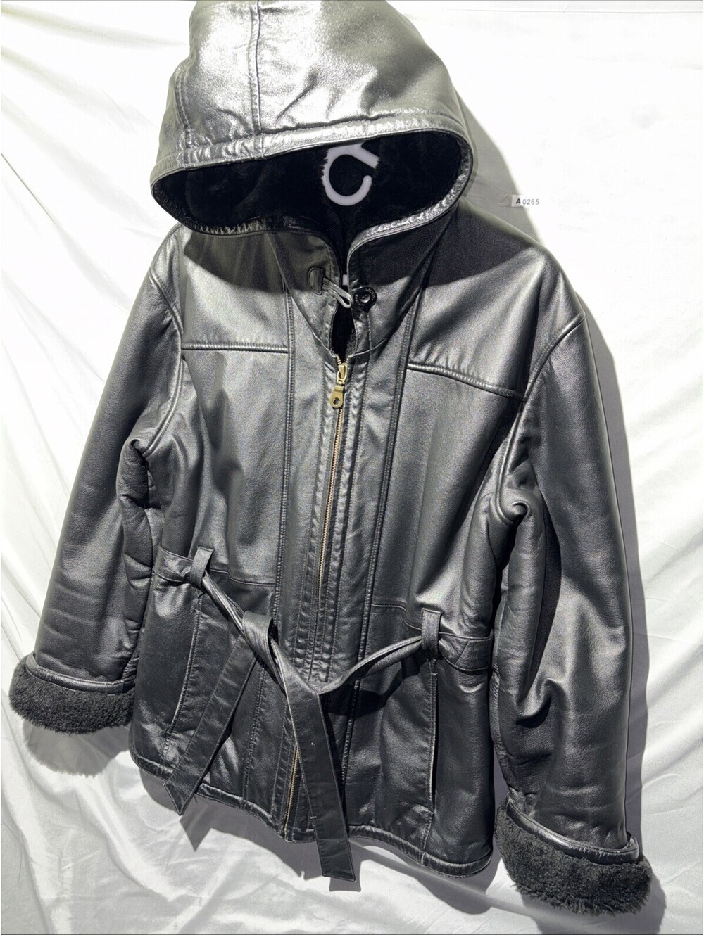 Vintage 80s Wilsons Leather Hooded Faux Fur Jacket Women’s Medium Black Tie Belt
